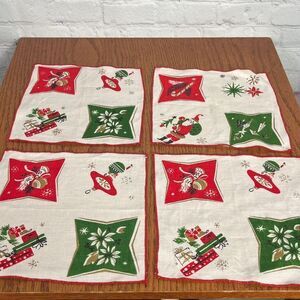 Antique Festive MCM Holiday Napkins set of 4 Red, Green, Gold in retro designs